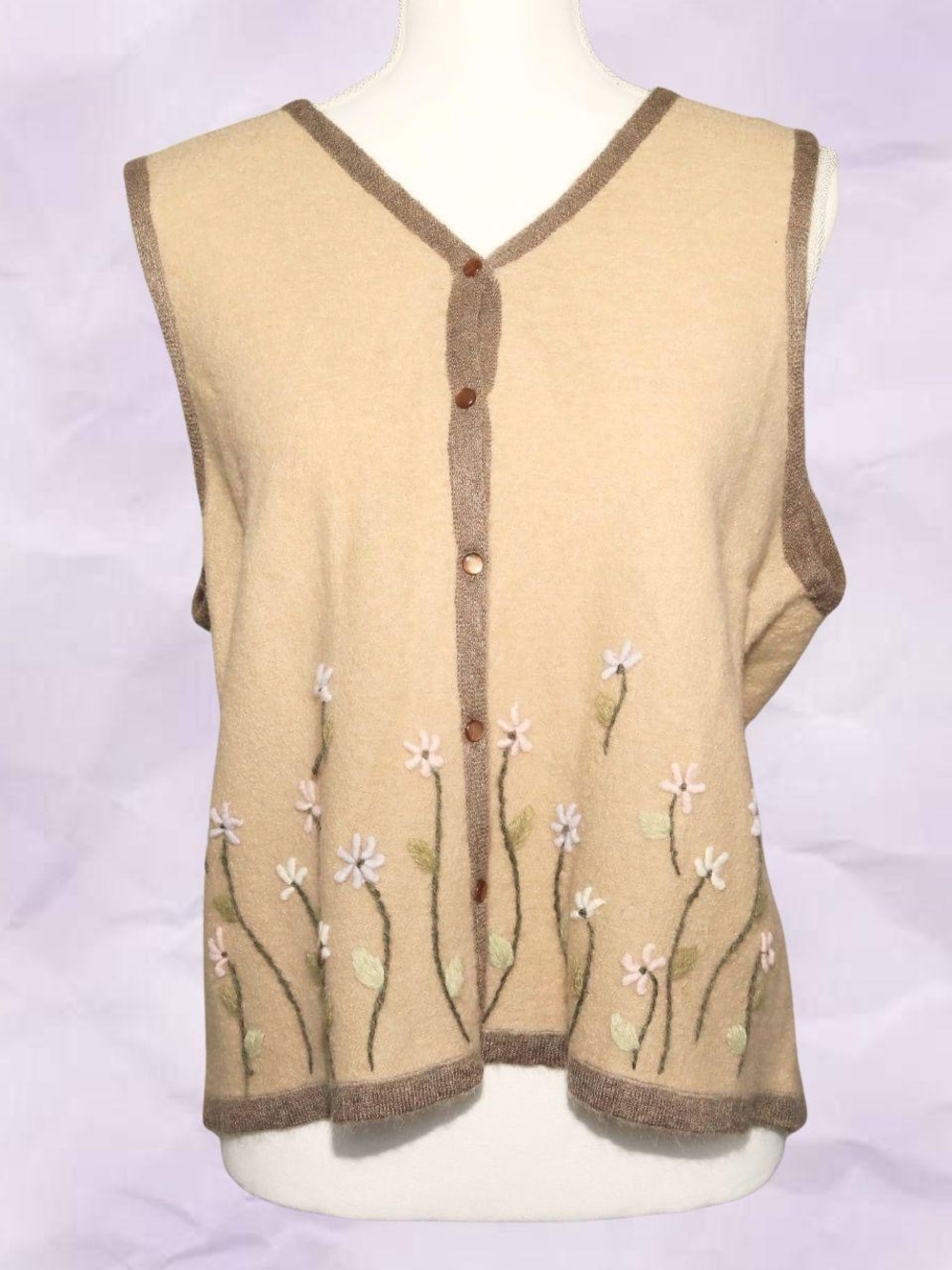 Beige Floral Embroidered Sleeveless Button-Front Sweater Vest